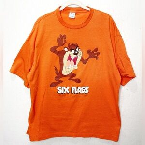 Vintage 1993 Taz Six Flags Orange Striped Single Stitch T-Shirt Tanzanian Devil